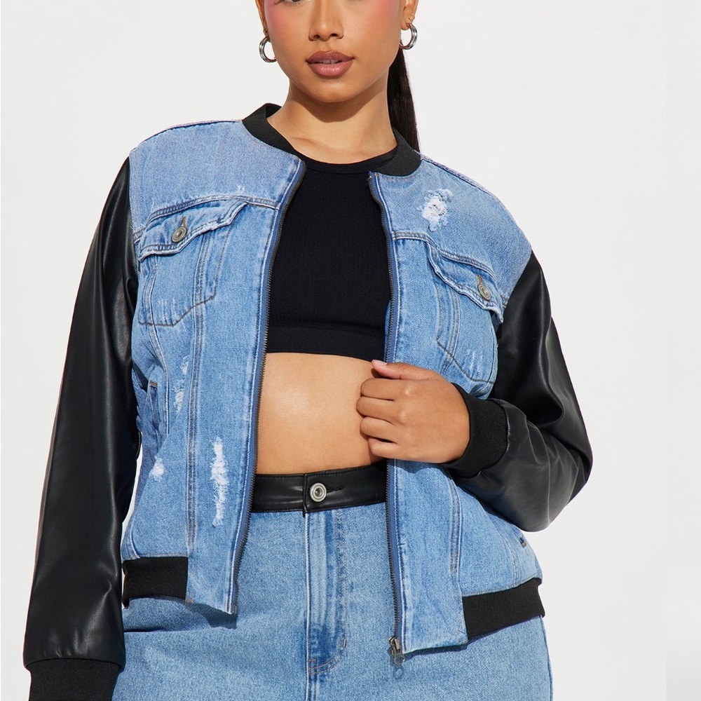 BNWT Denim and faux leather bomber jacket. - Picture 1 of 5
